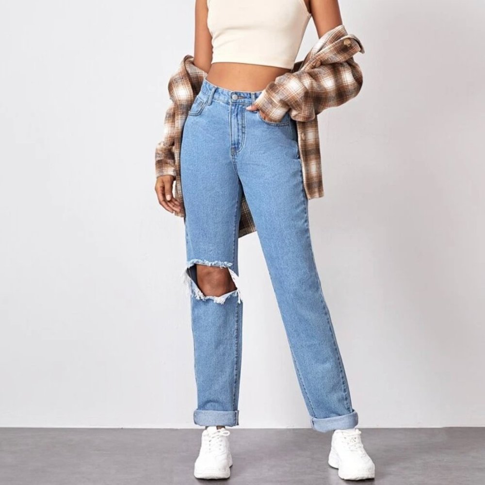 High Waist Ripped Straight Jeans